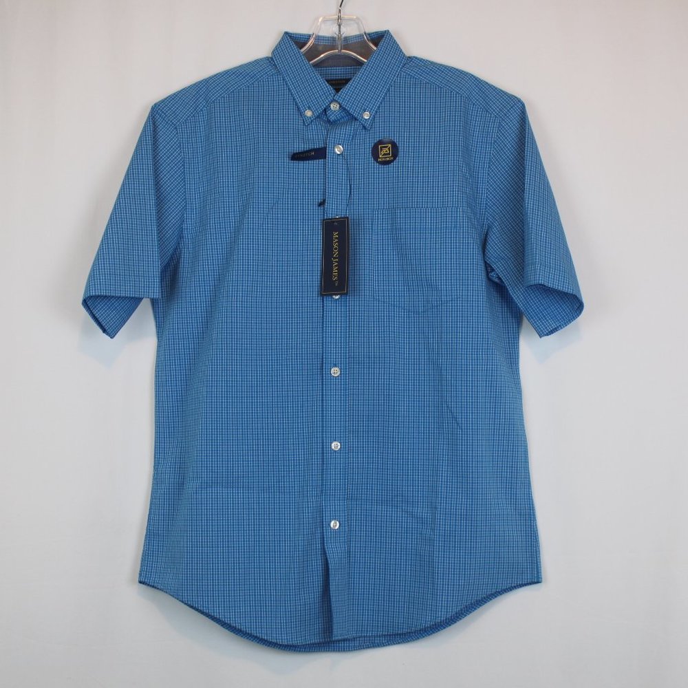 Mason James Short Sleeve Button Up Stretch Non Iron Blue White Shirt